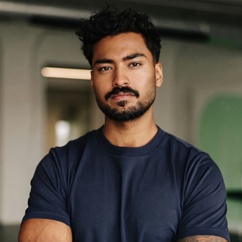 Man with tattooed arms in a navy t-shirt, recent graduate