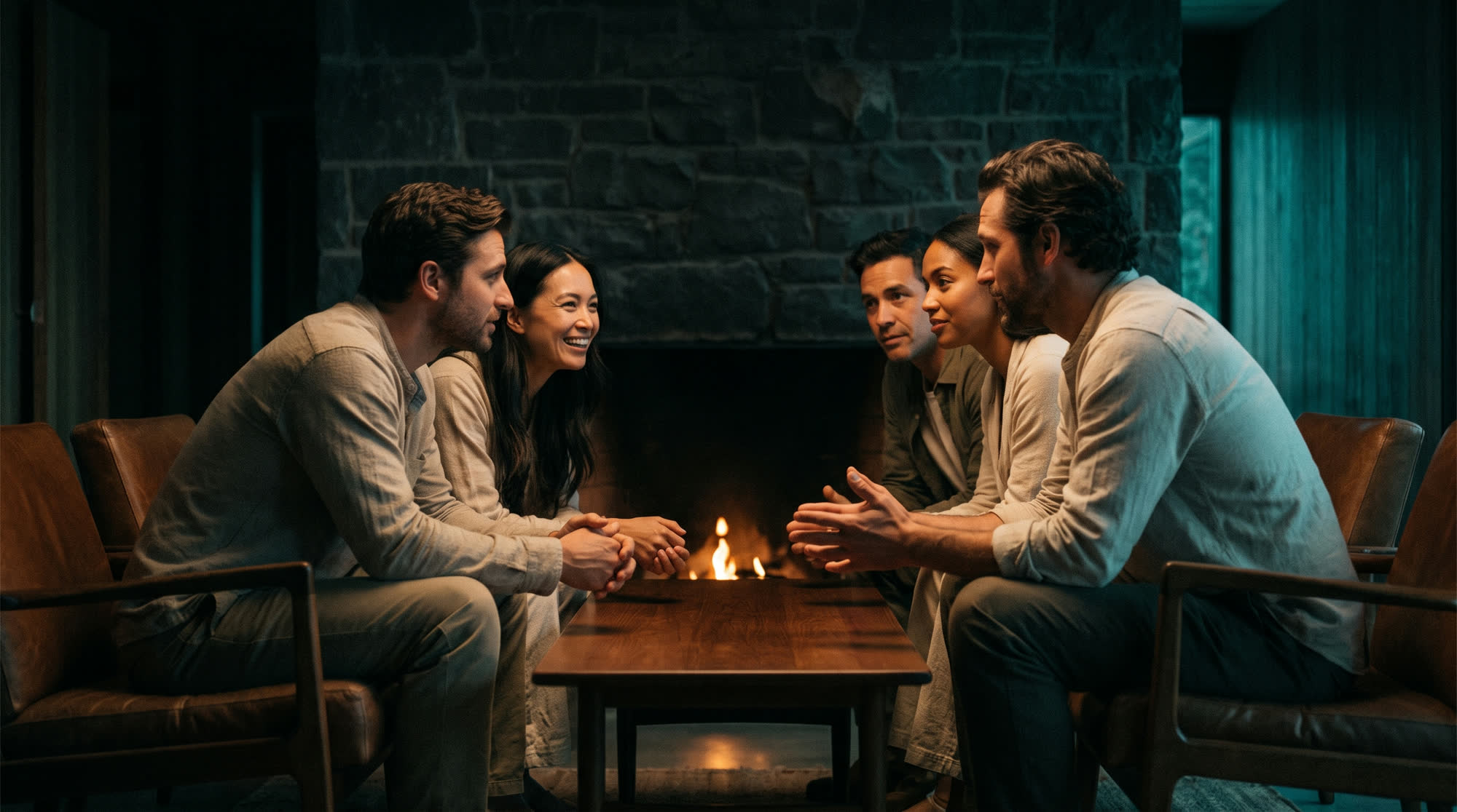 Founders in conversation by the fire